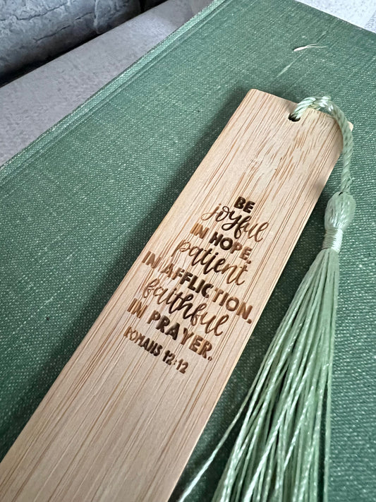 Be joyful in hope wooden engraved bookmark