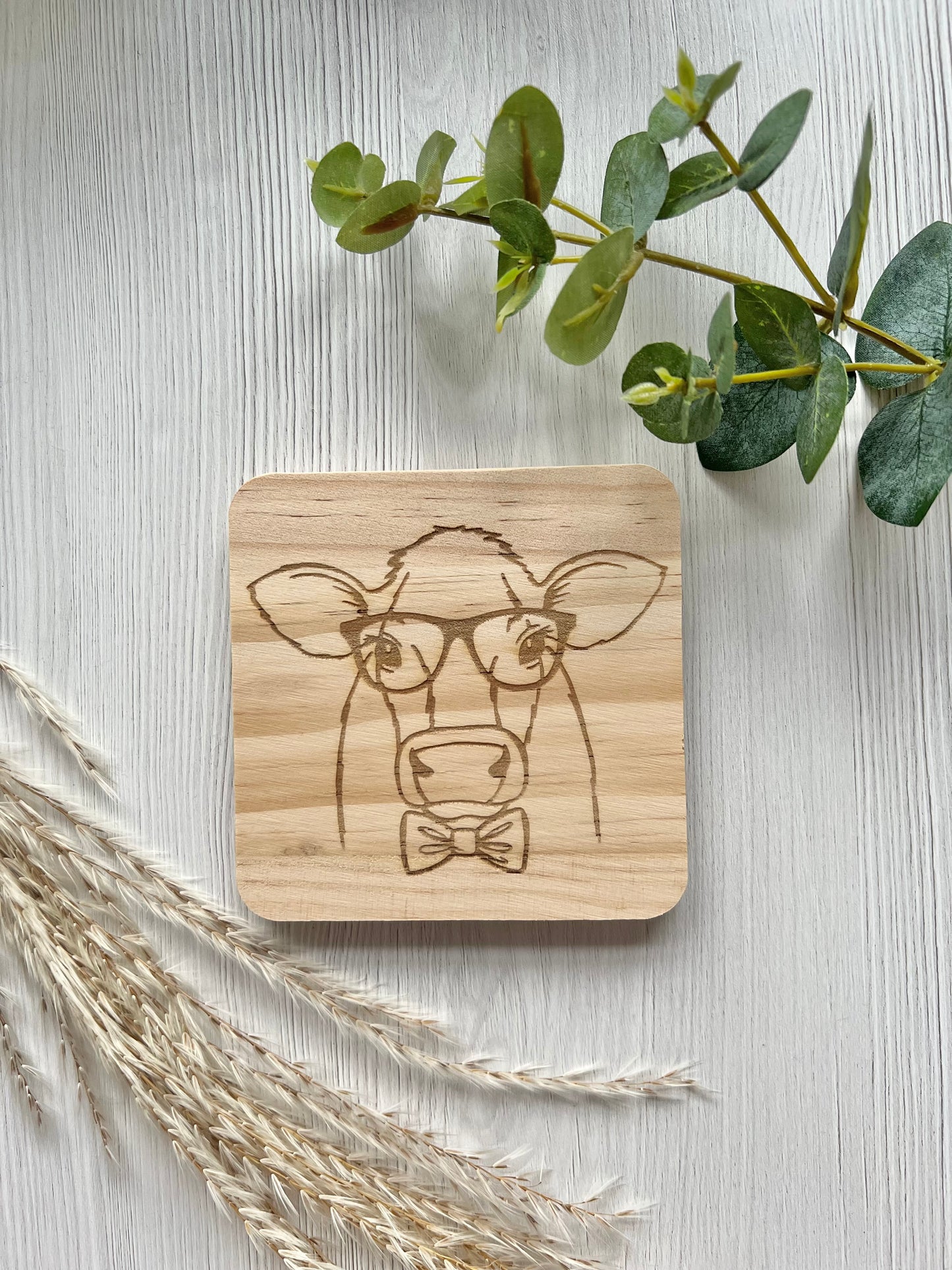 Cow glasses engraved wooden coaster