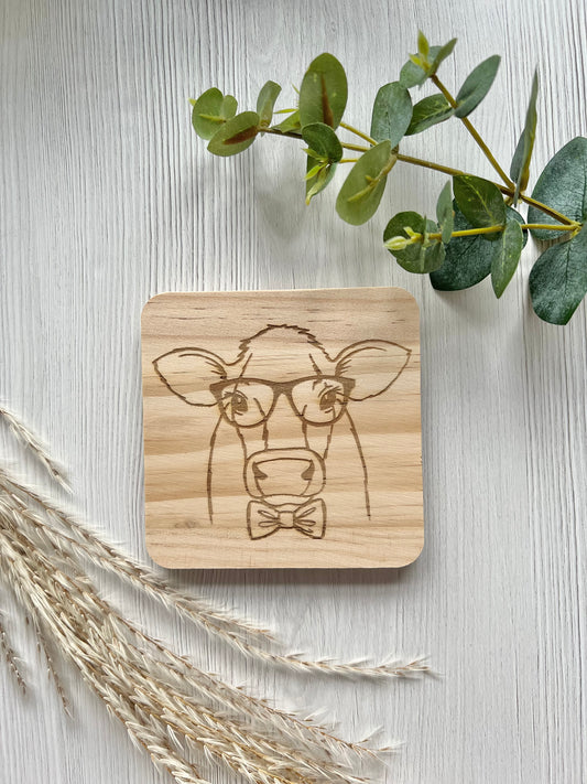 Cow glasses engraved wooden coaster
