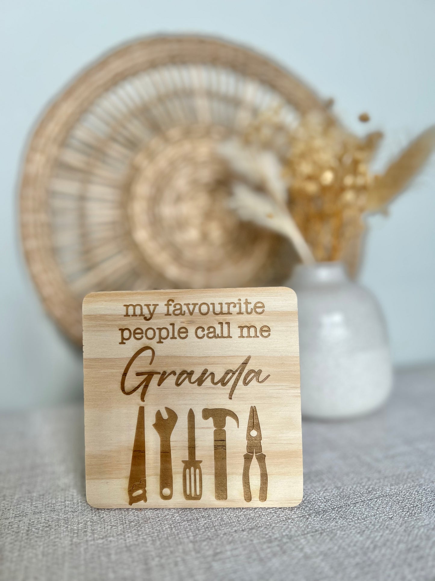 Granda tools engraved wooden coaster
