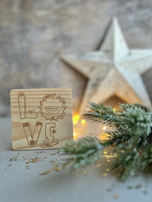 Christmas love wooden engraved coaster