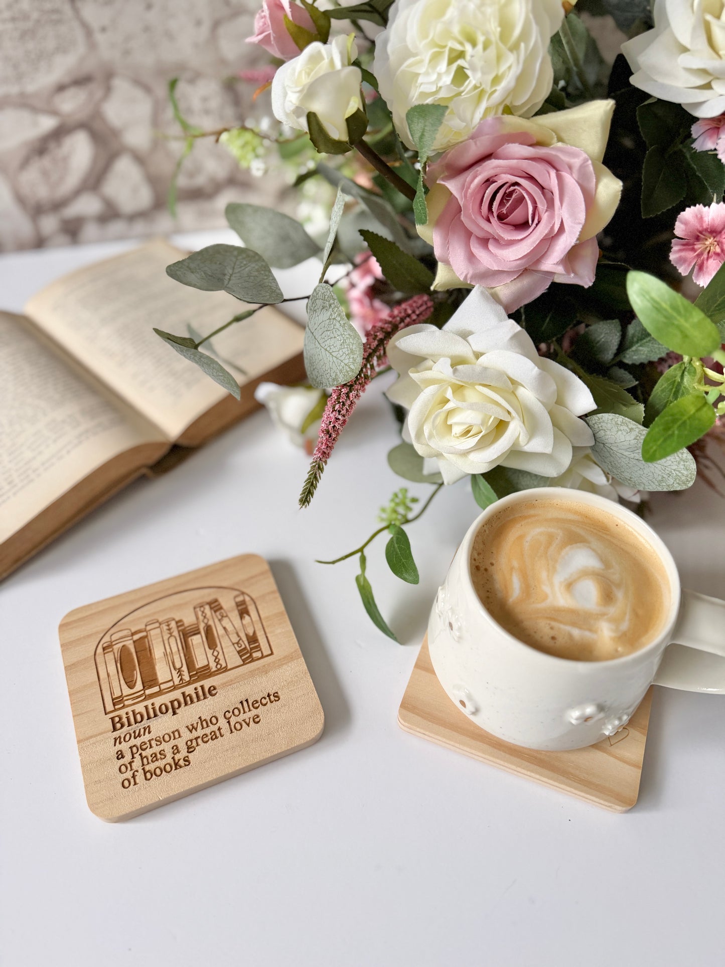Bibliophile book reader engraved wooden coaster