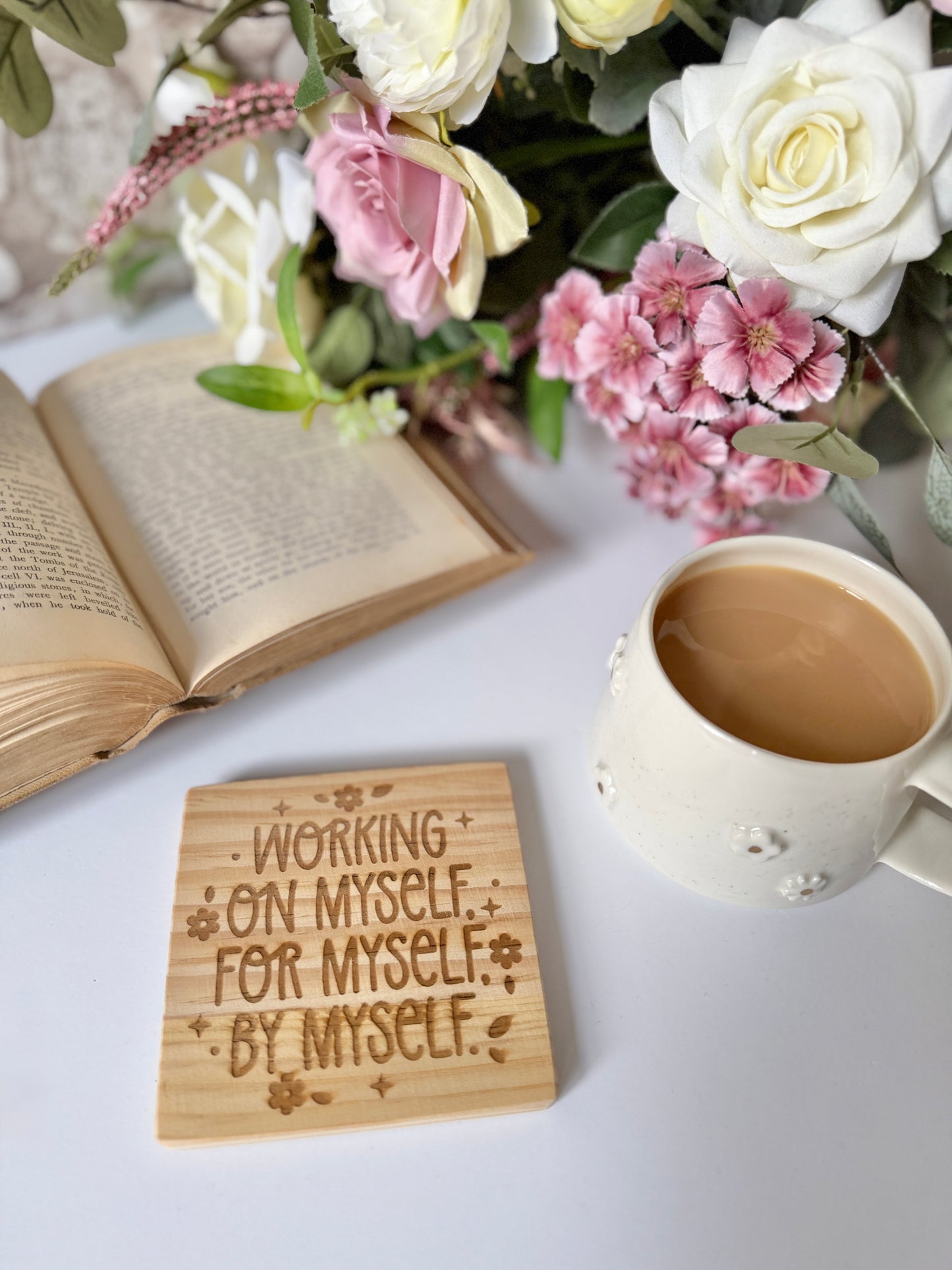 Working on myself for myself engraved wooden coaster