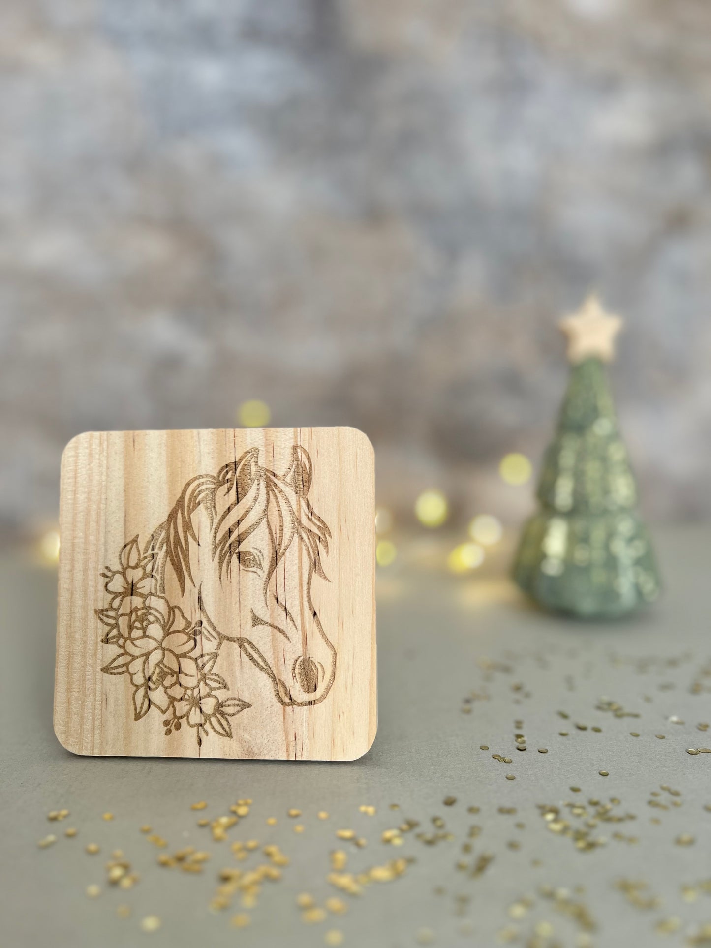 Horse engraved wooden coaster