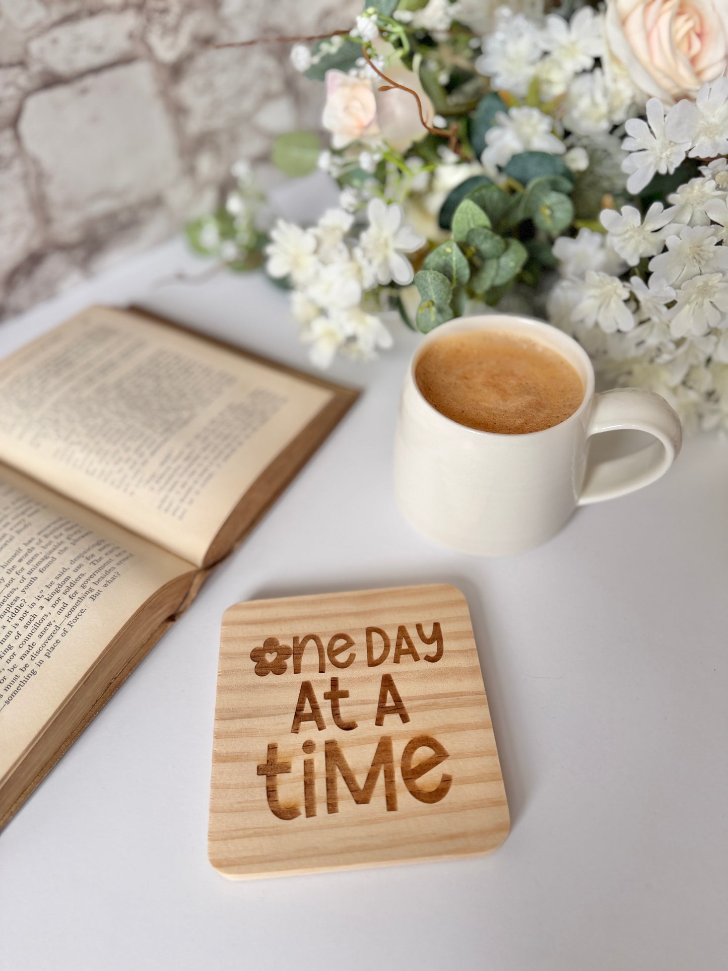 One day at a time engraved wooden coaster
