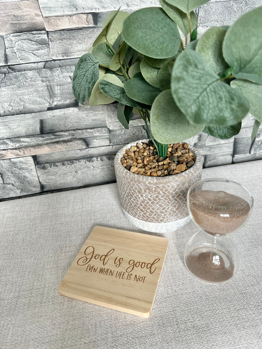God is good engraved wooden coaster