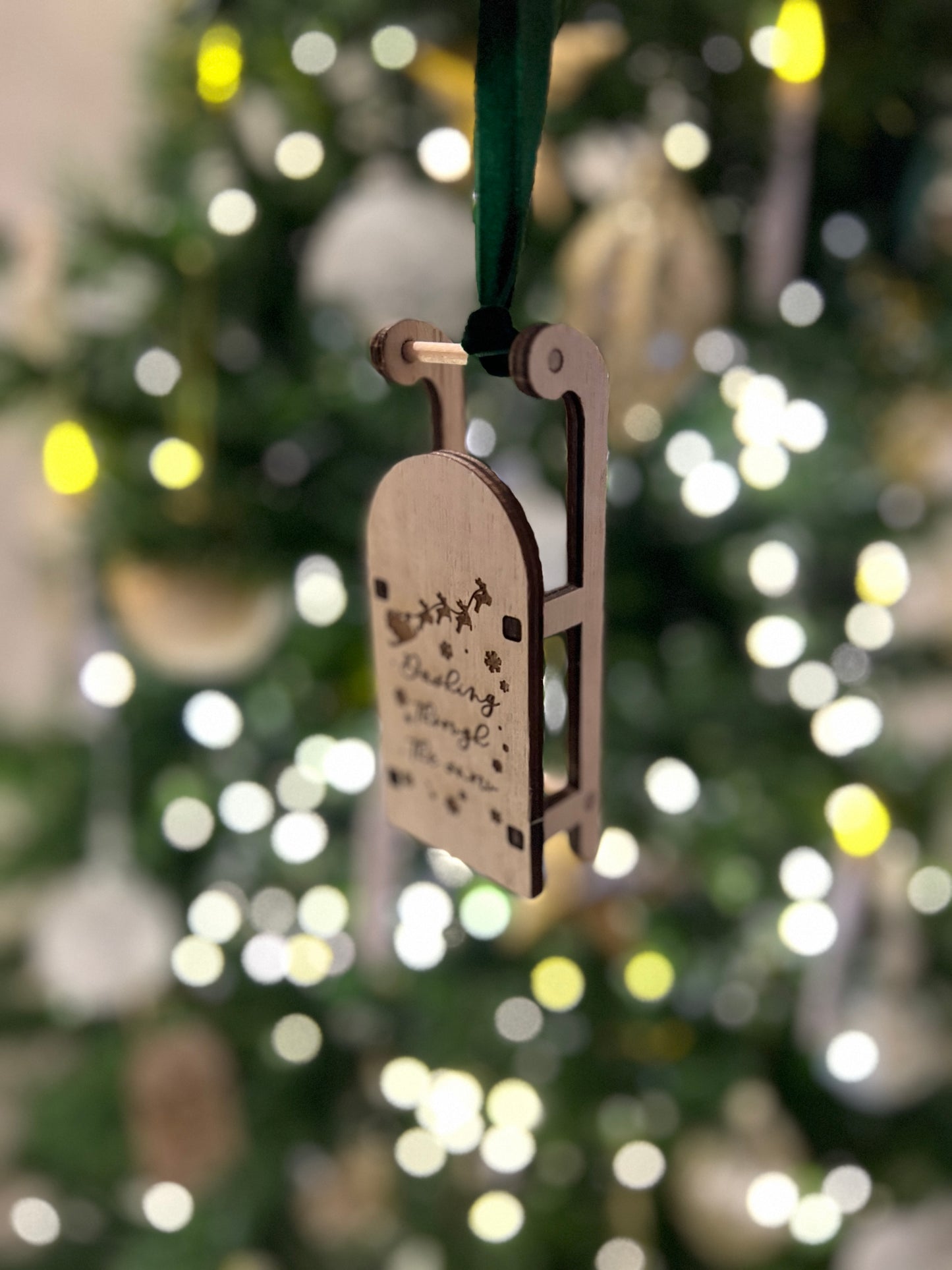 Dashing through the snow engraved wooden sleigh tree decoration