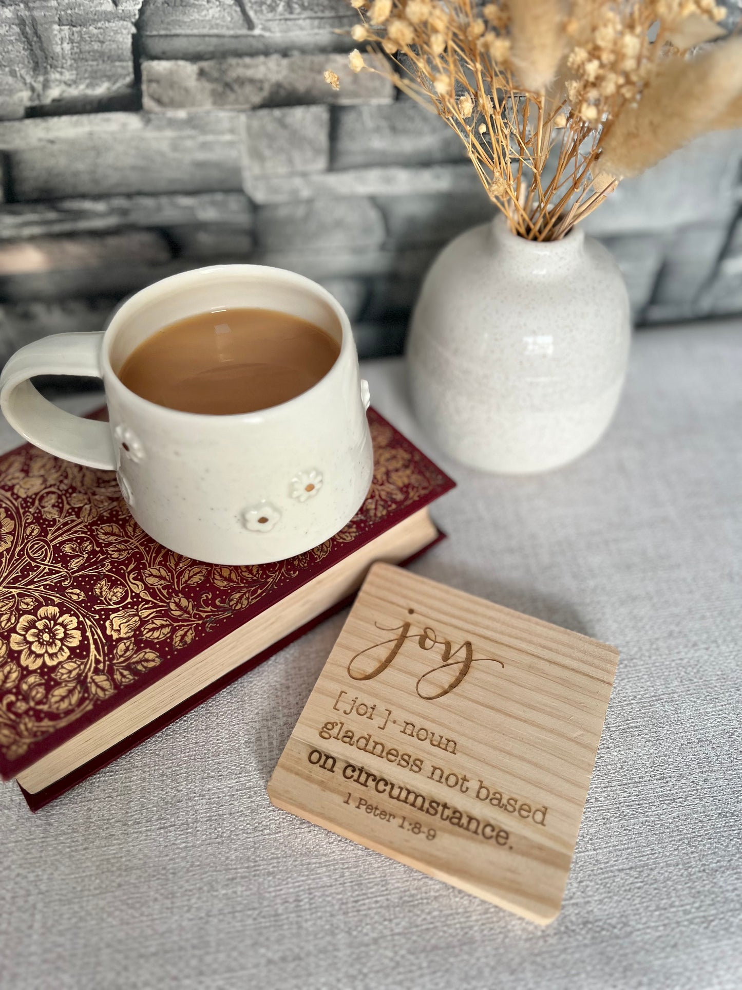 Joy definition engraved wooden coaster