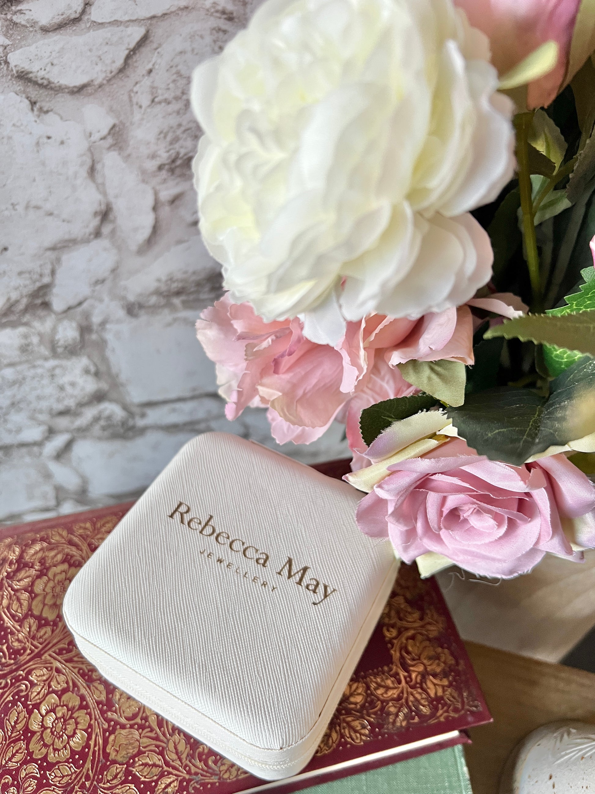 Off white jewellery box with personalised text "Rebecca May Jewellery"