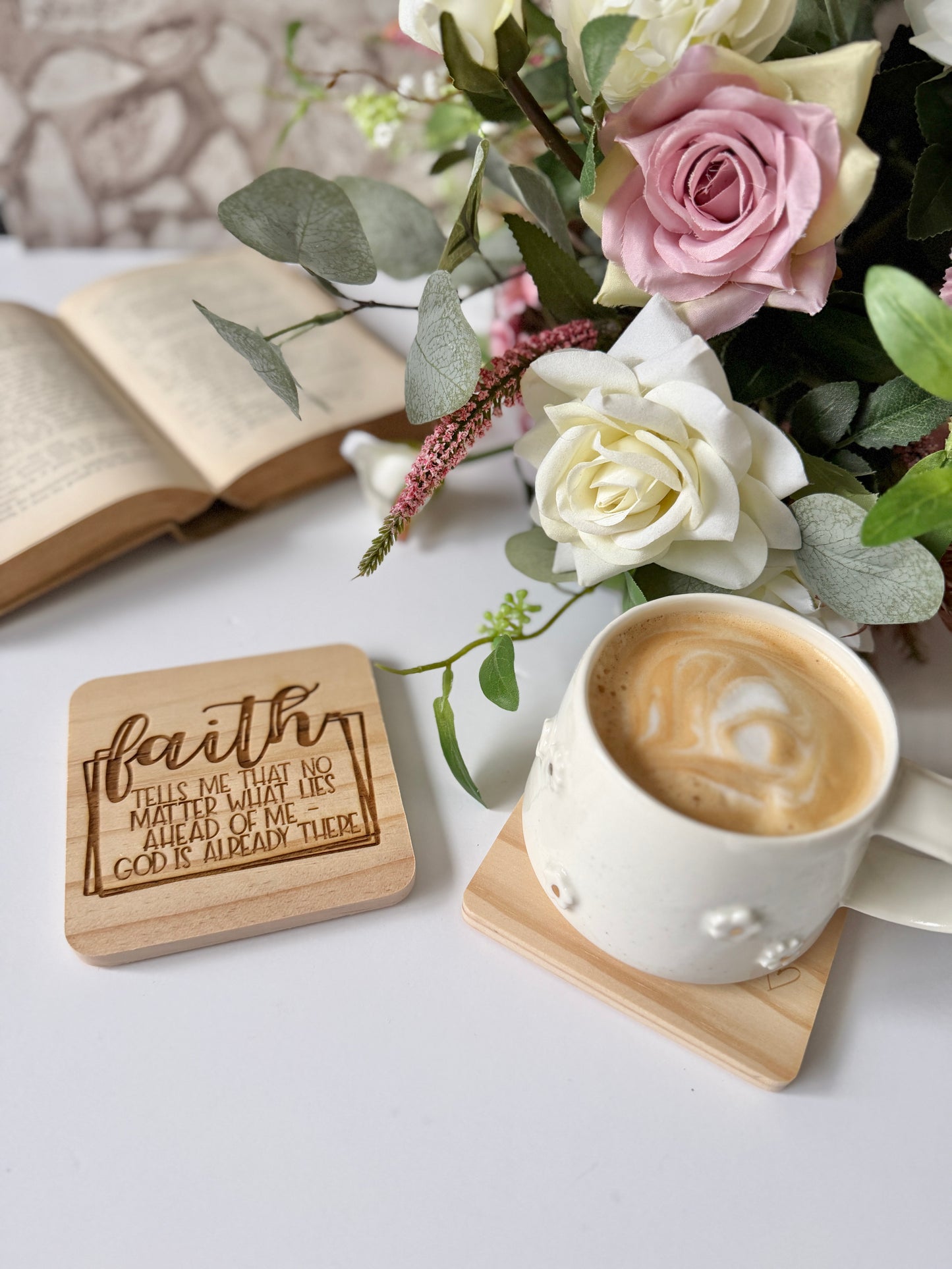 Faith engraved wooden coaster