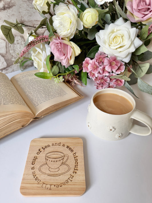 Tea and a wee biscuit engraved wooden coaster