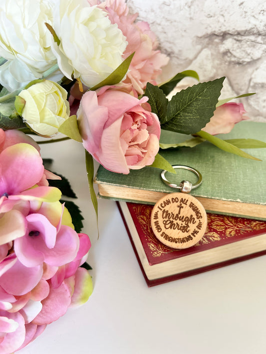 I can do all things round engraved keyring