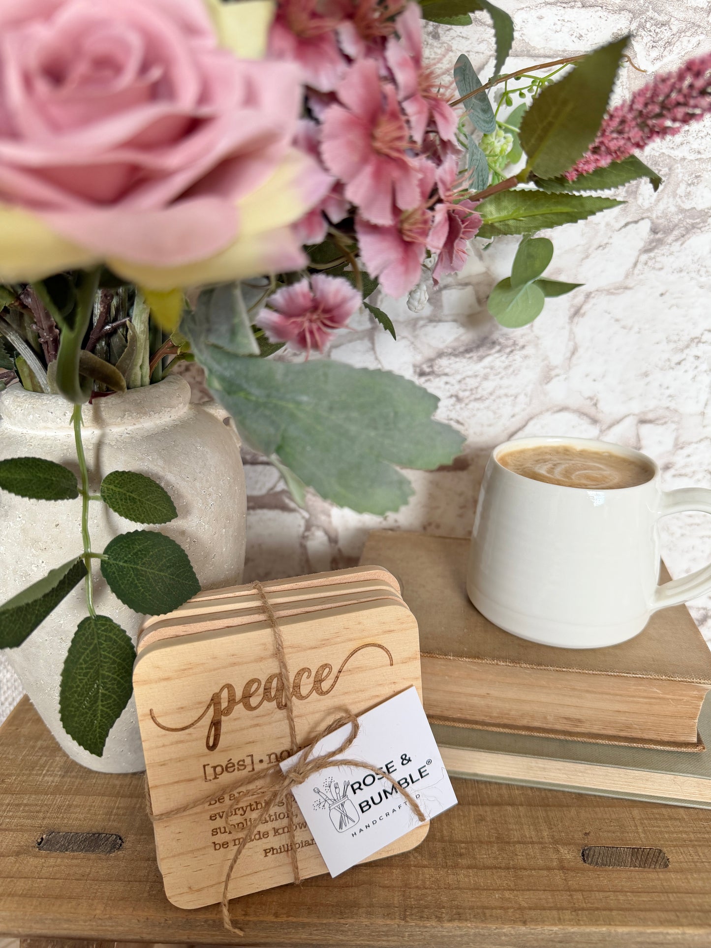 Set of 4 definition engraved wooden coaster