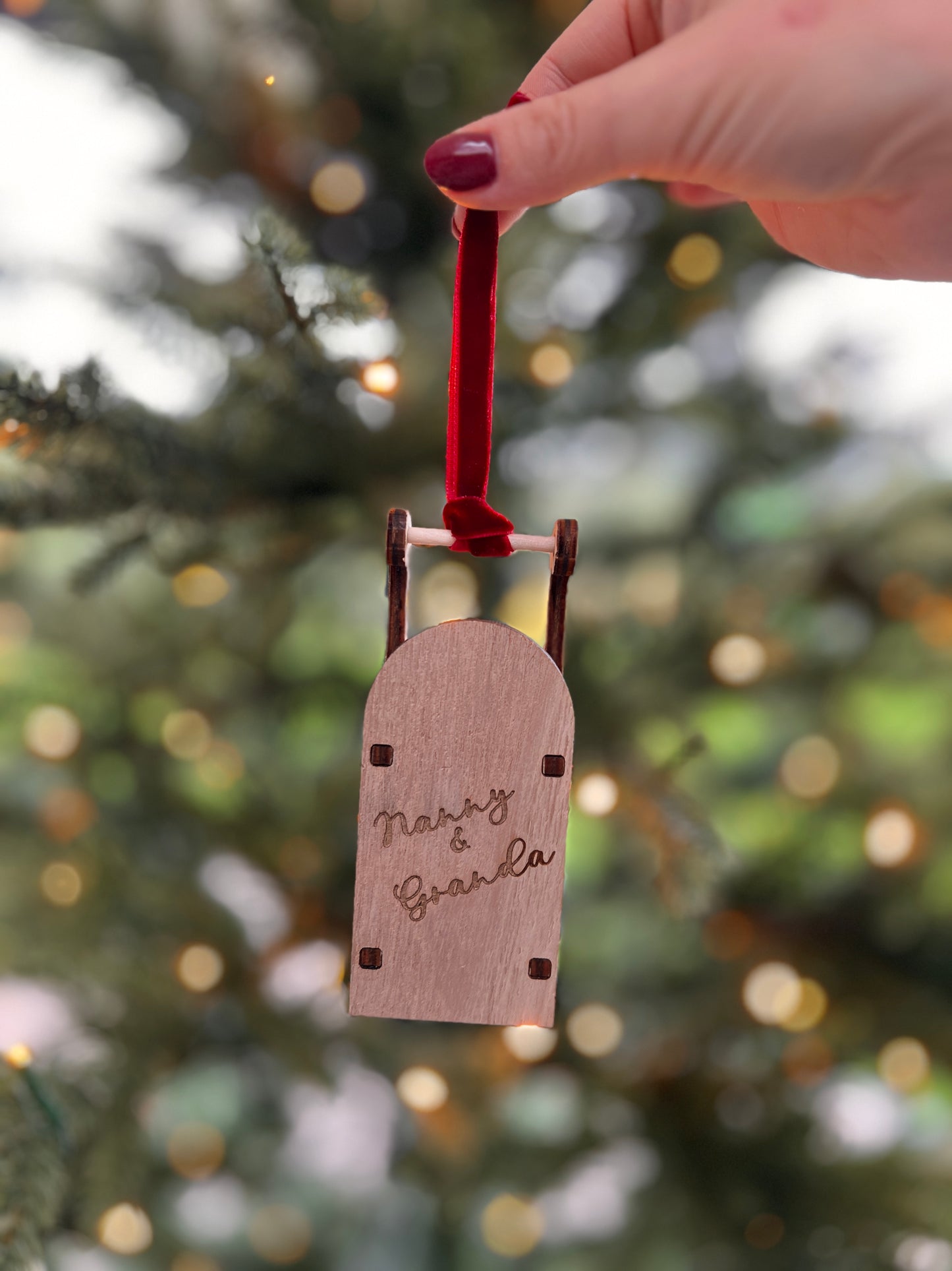 Personalised engraved wooden sleigh tree decoration