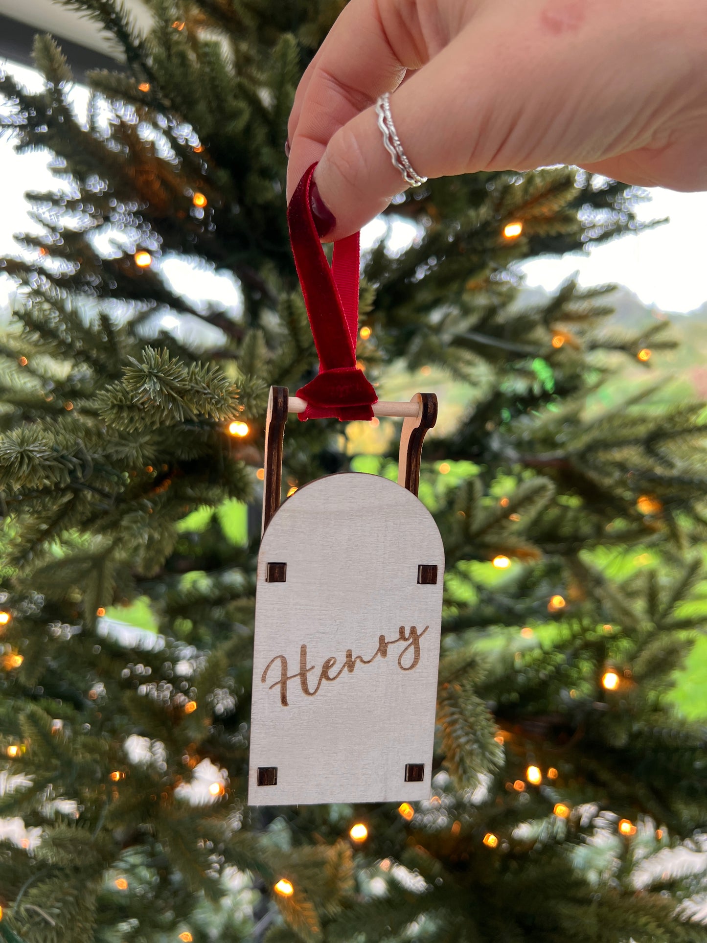 Personalised engraved wooden sleigh tree decoration