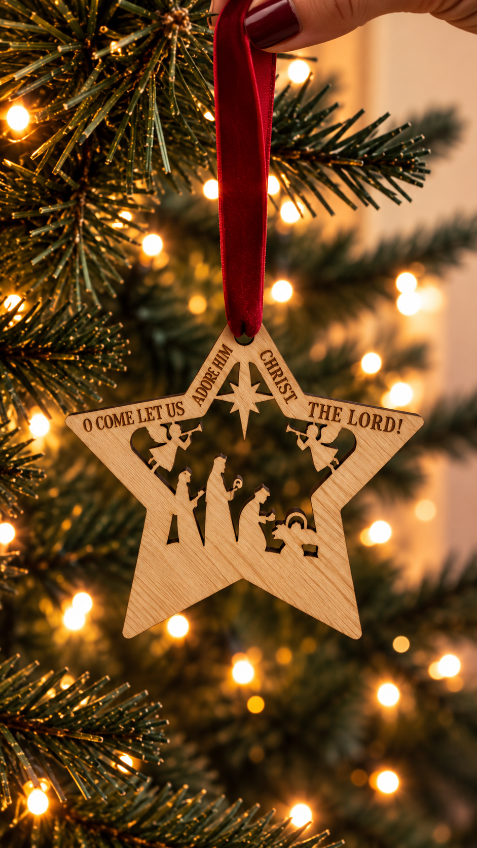 Wooden Nativity Star Christmas Tree Decorations – Set of 5