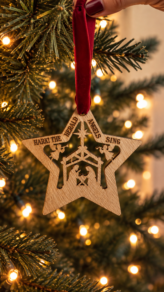 A wooden star Christmas ornament with a nativity scene cutout and the words 'HARK! THE HERALD ANGELS SING'  hangs from a red ribbon on a lit Christmas tree.
