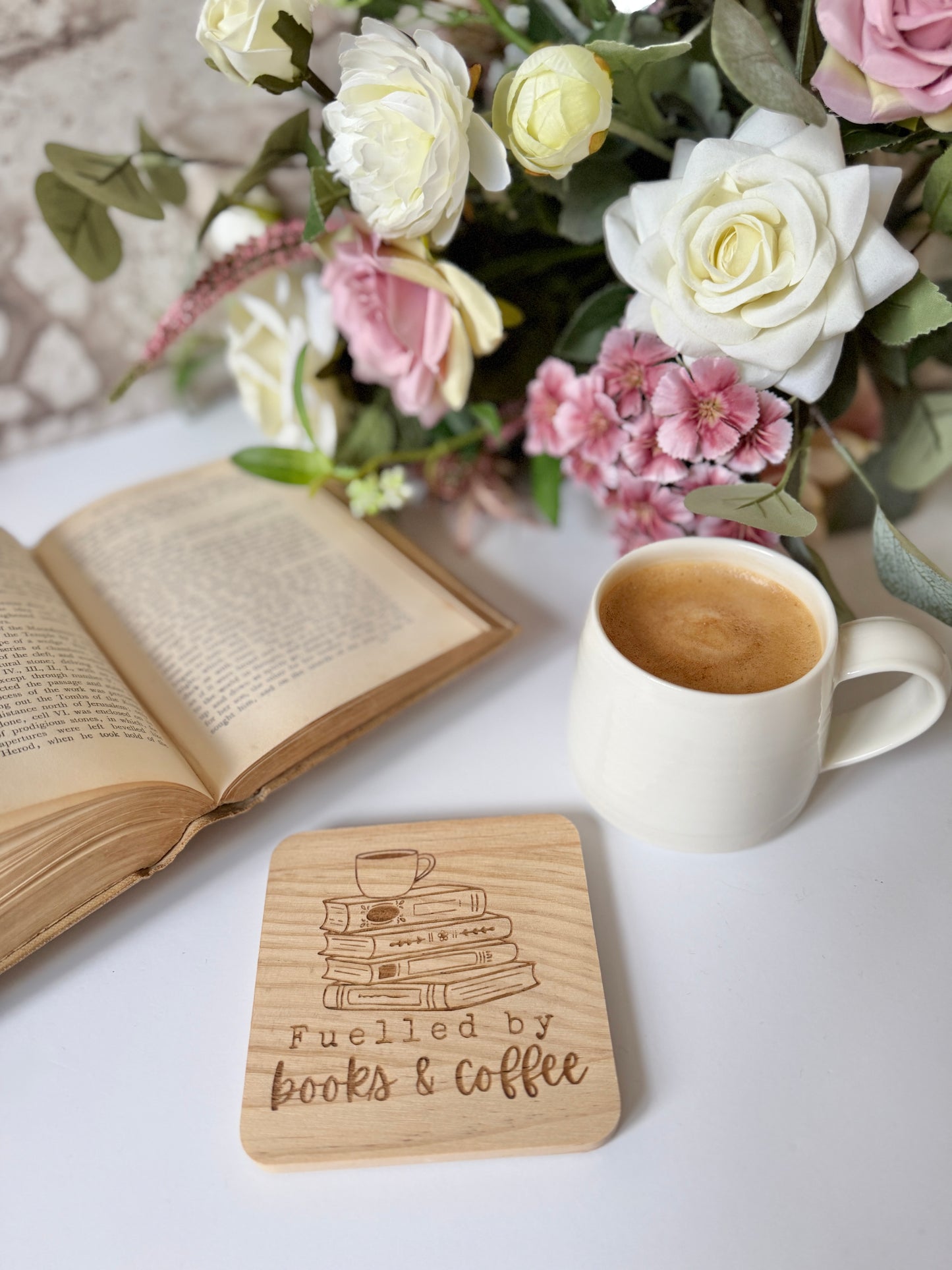 Fuelled by books and coffee engraved wooden coaster