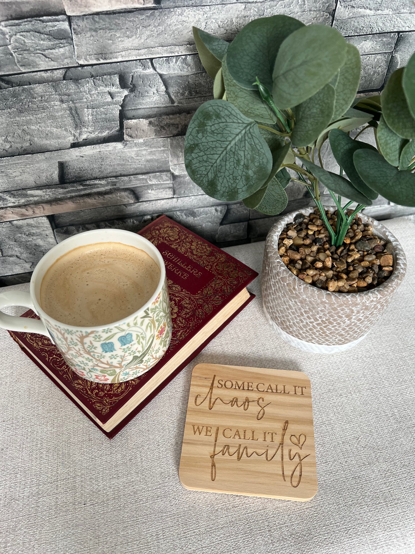 Family chaos engraved wooden coaster