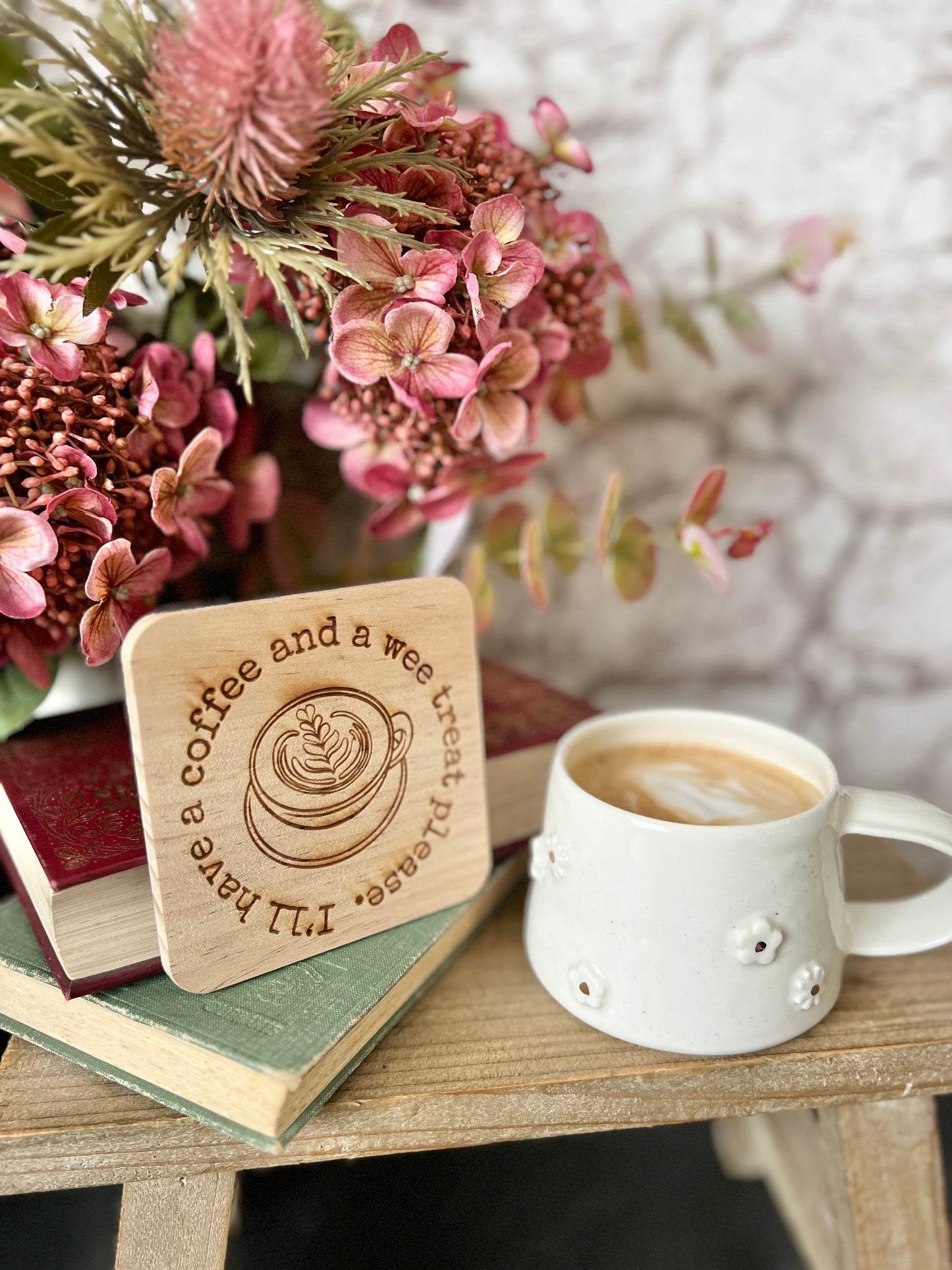 Coffee and a wee treat engraved wooden coaster