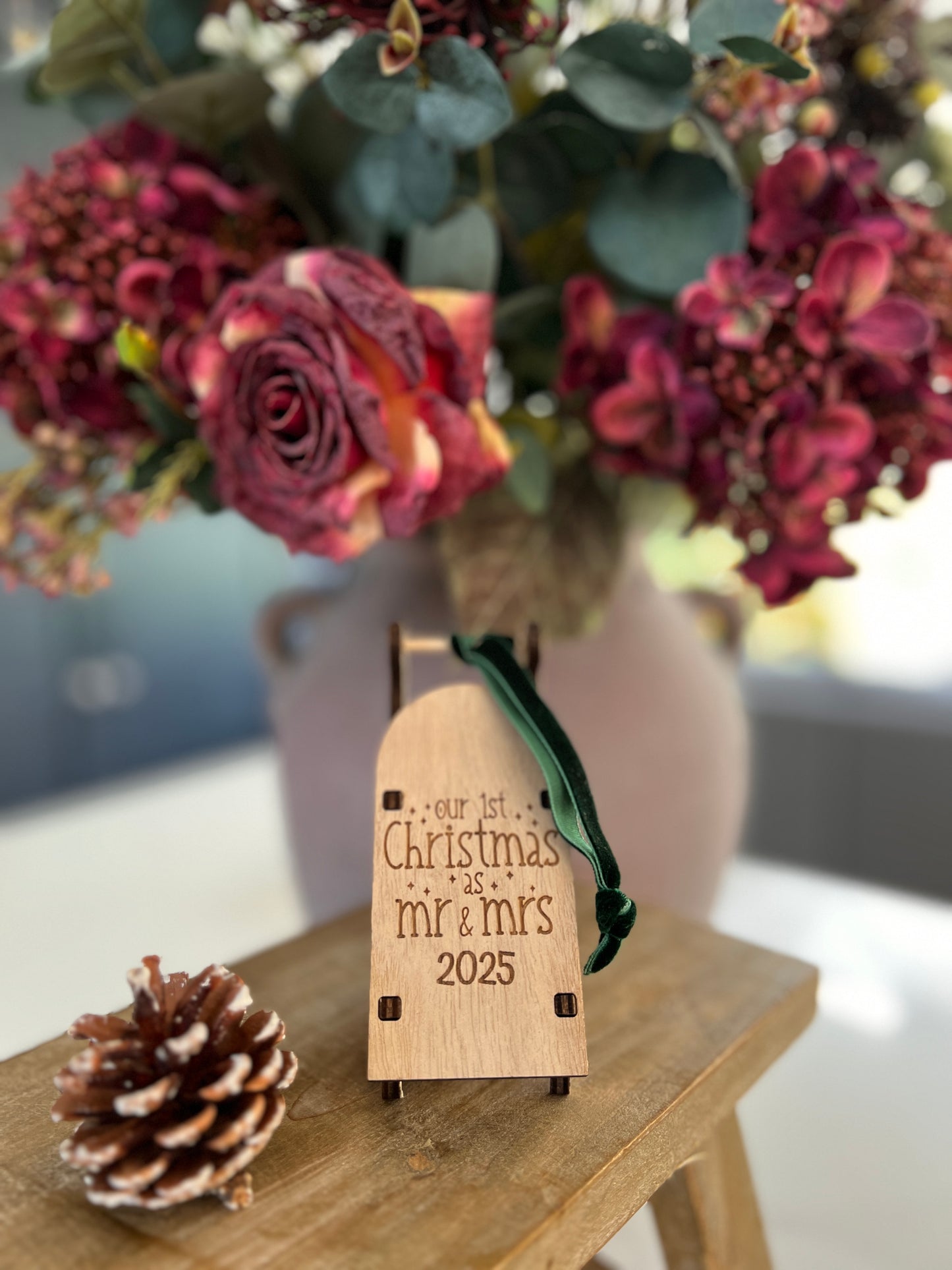 Mr & Mrs 2025 engraved wooden sleigh tree decoration