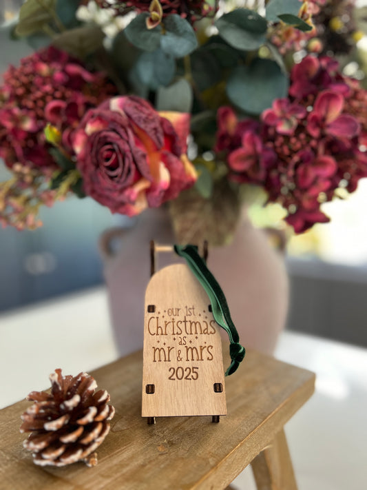 Mr & Mrs 2025 engraved wooden sleigh tree decoration