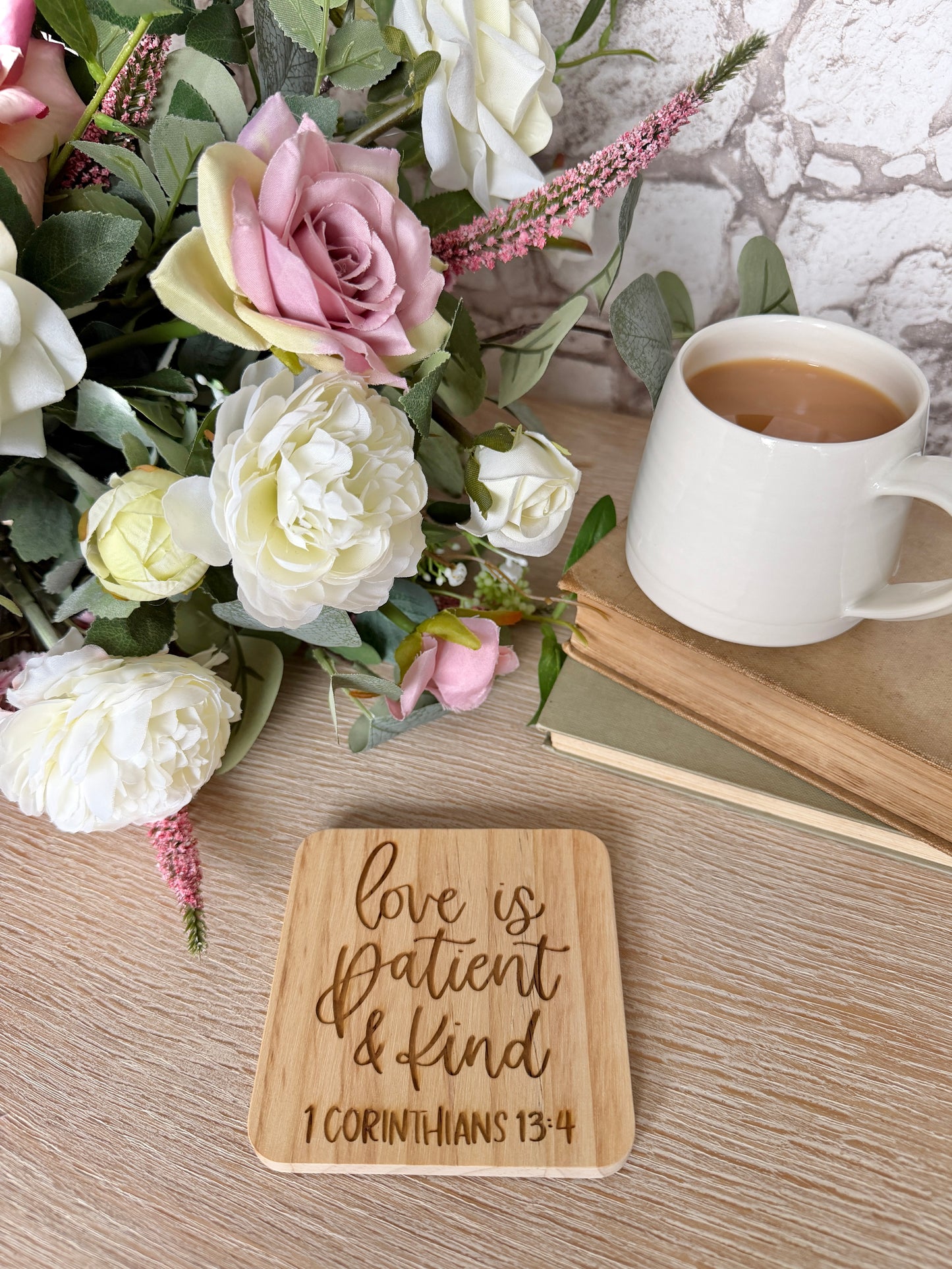 Love is patient engraved wooden coaster