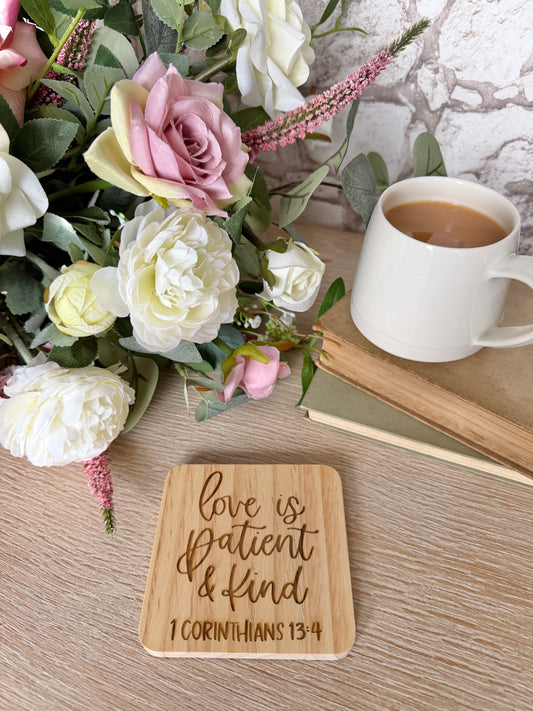Love is patient engraved wooden coaster