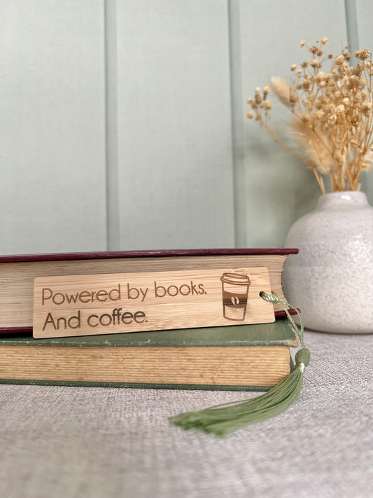 Powered by books and coffee wooden engraved bookmark