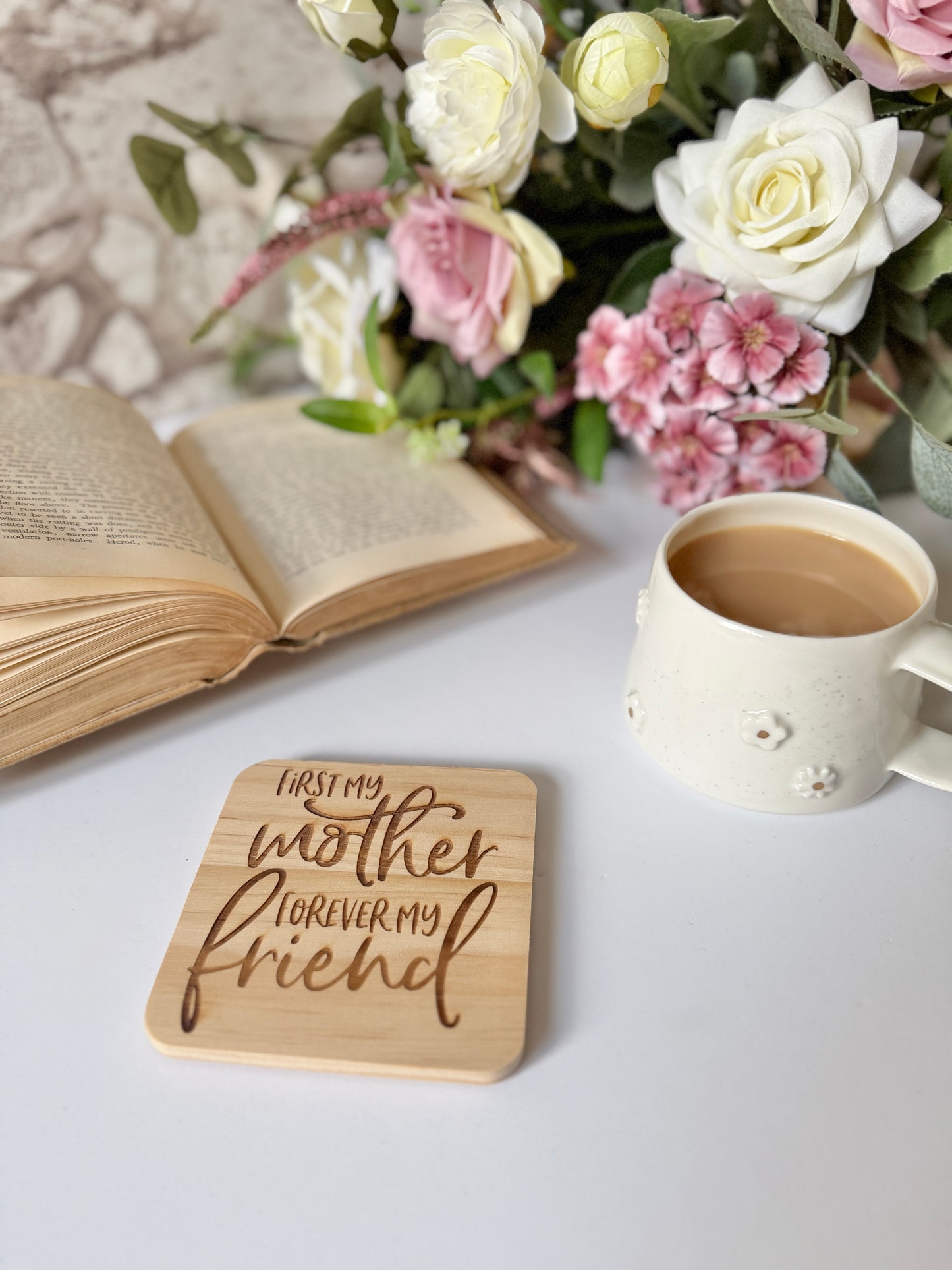 First my mother forever my friend engraved wooden coaster