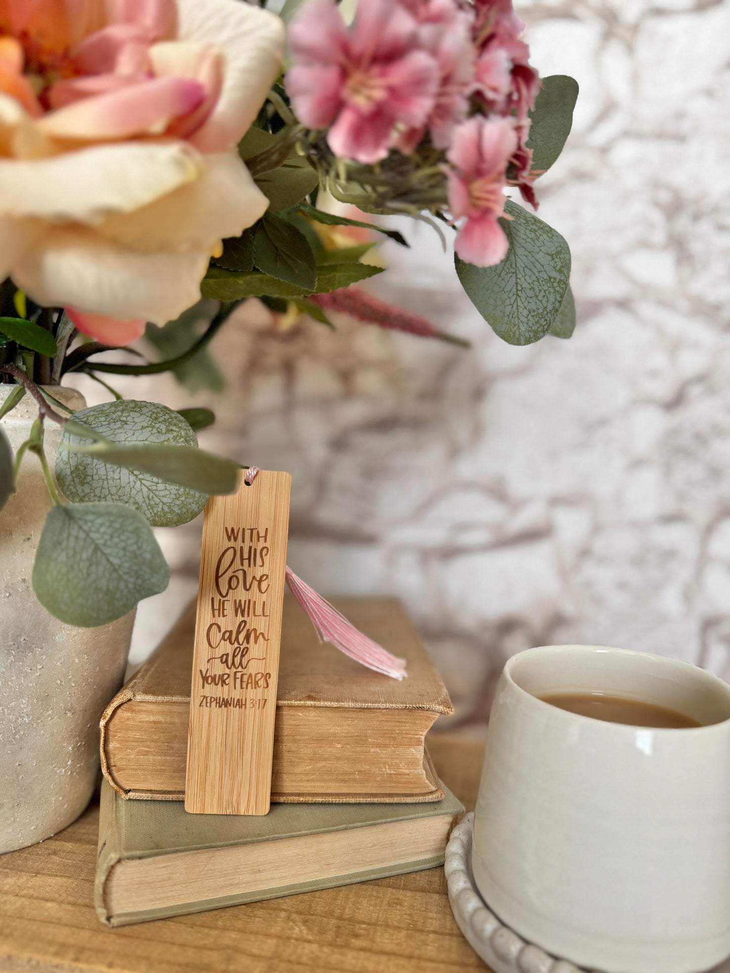 He will calm all your fears wooden engraved bookmark