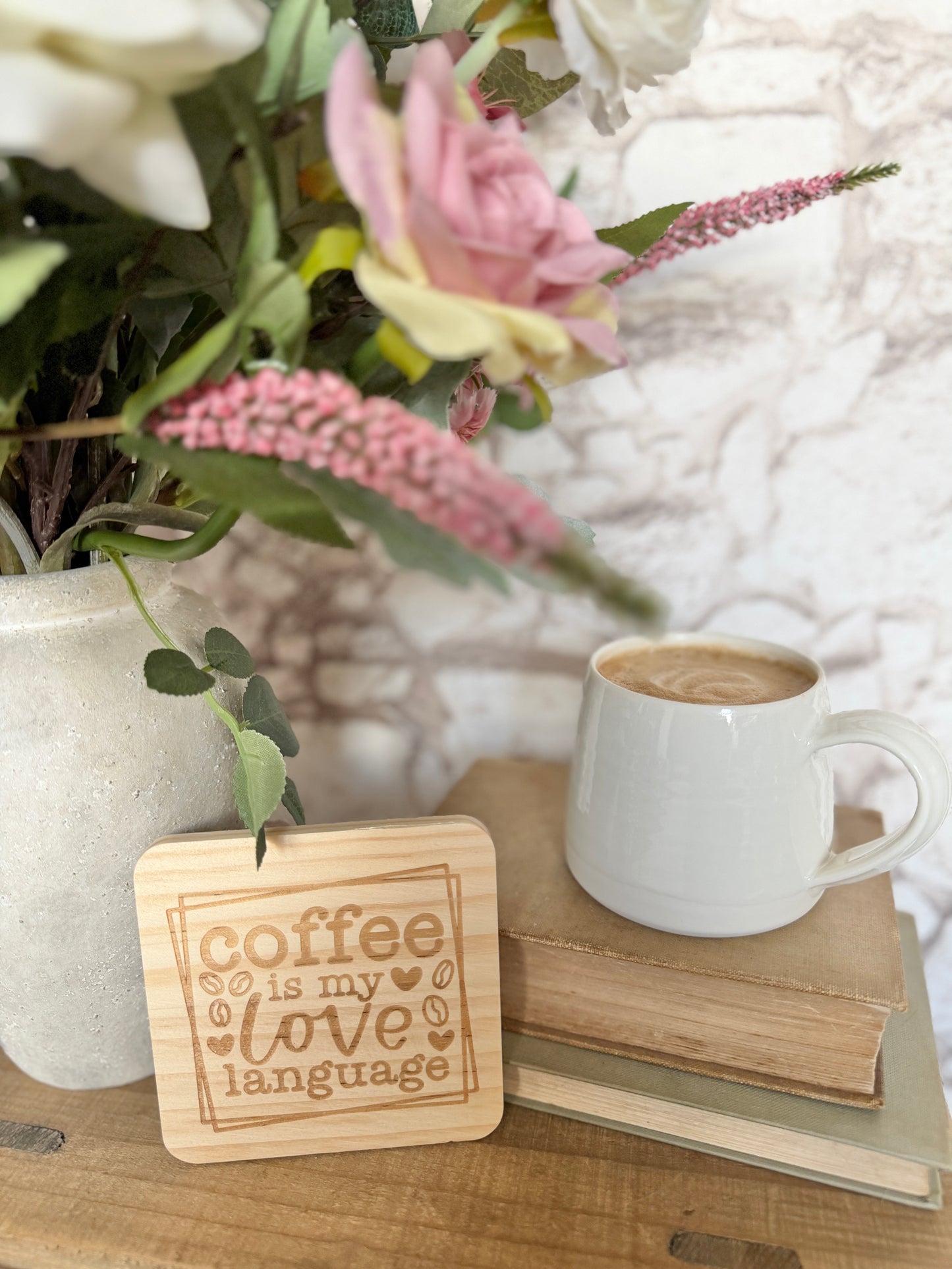 Coffee is my love language engraved wooden coaster