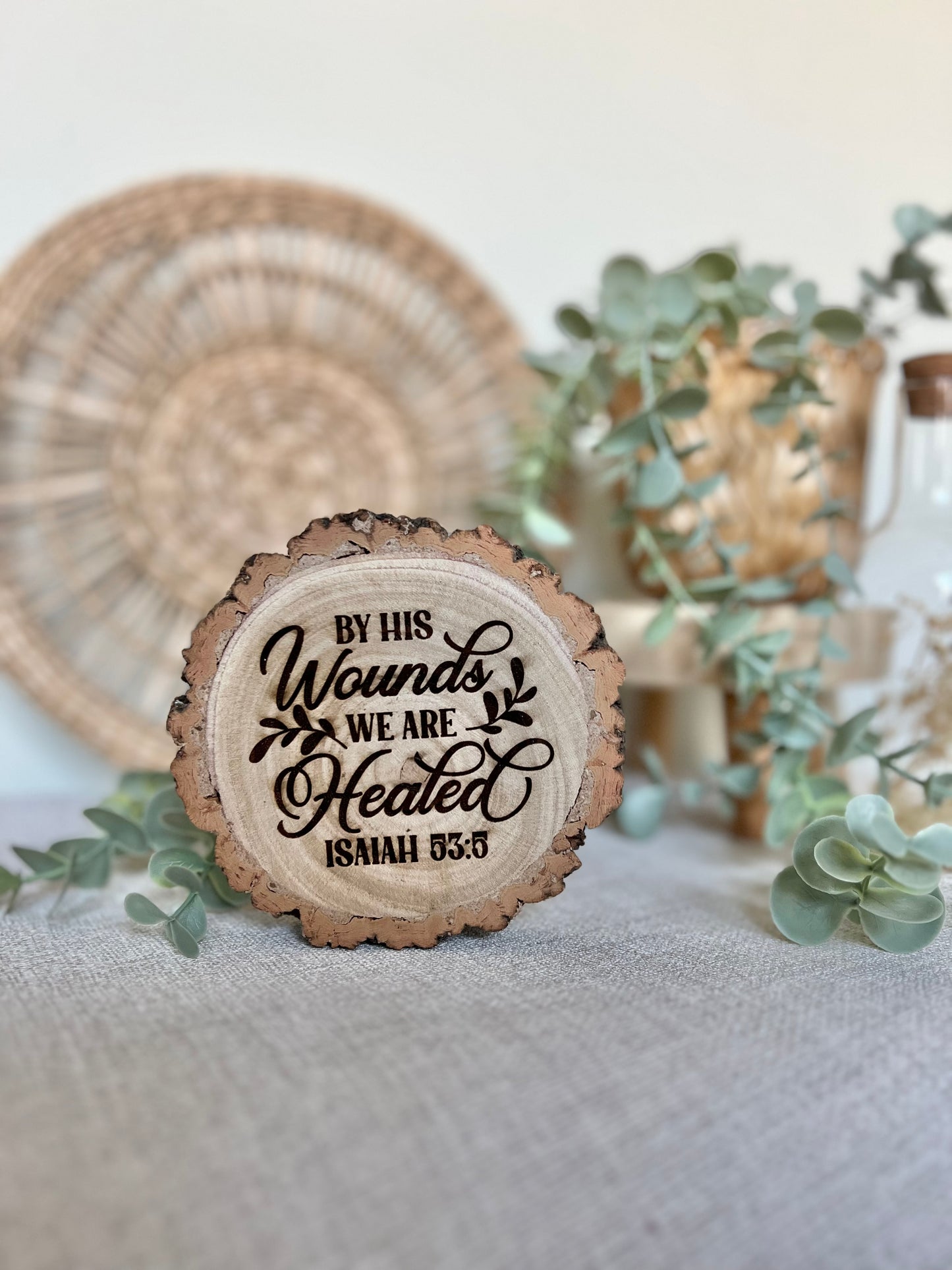 By His wounds engraved wooden plaque
