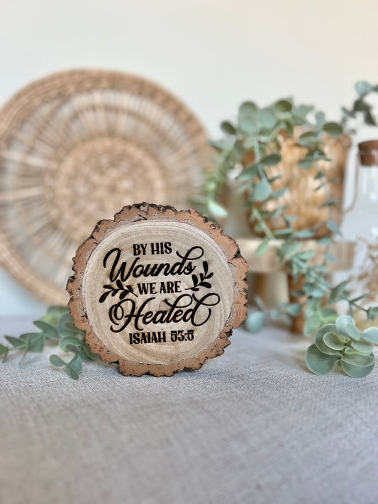 By His wounds engraved wooden plaque