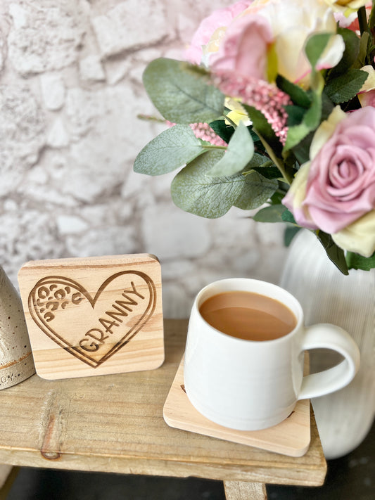 Granny heart engraved wooden coaster