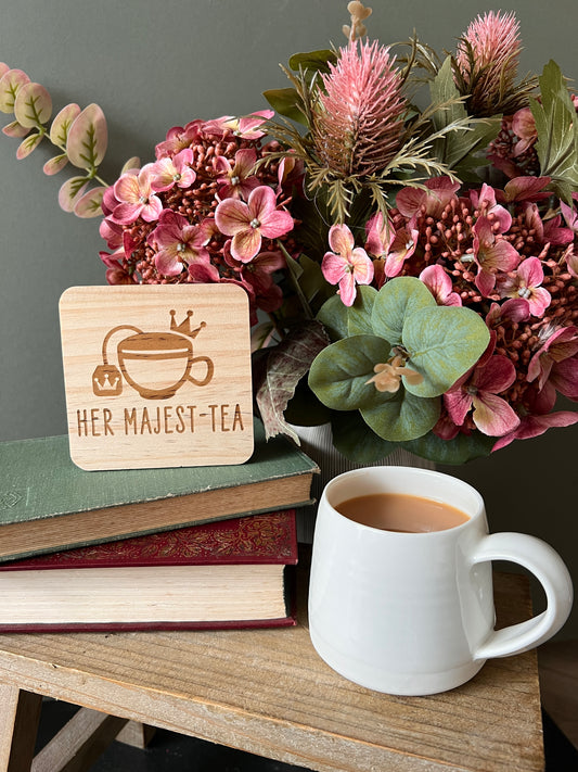 Her Majest-tea engraved wooden coaster
