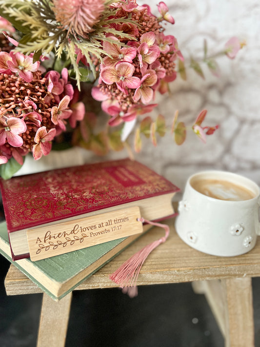 A friend loves at all times wooden engraved bookmark