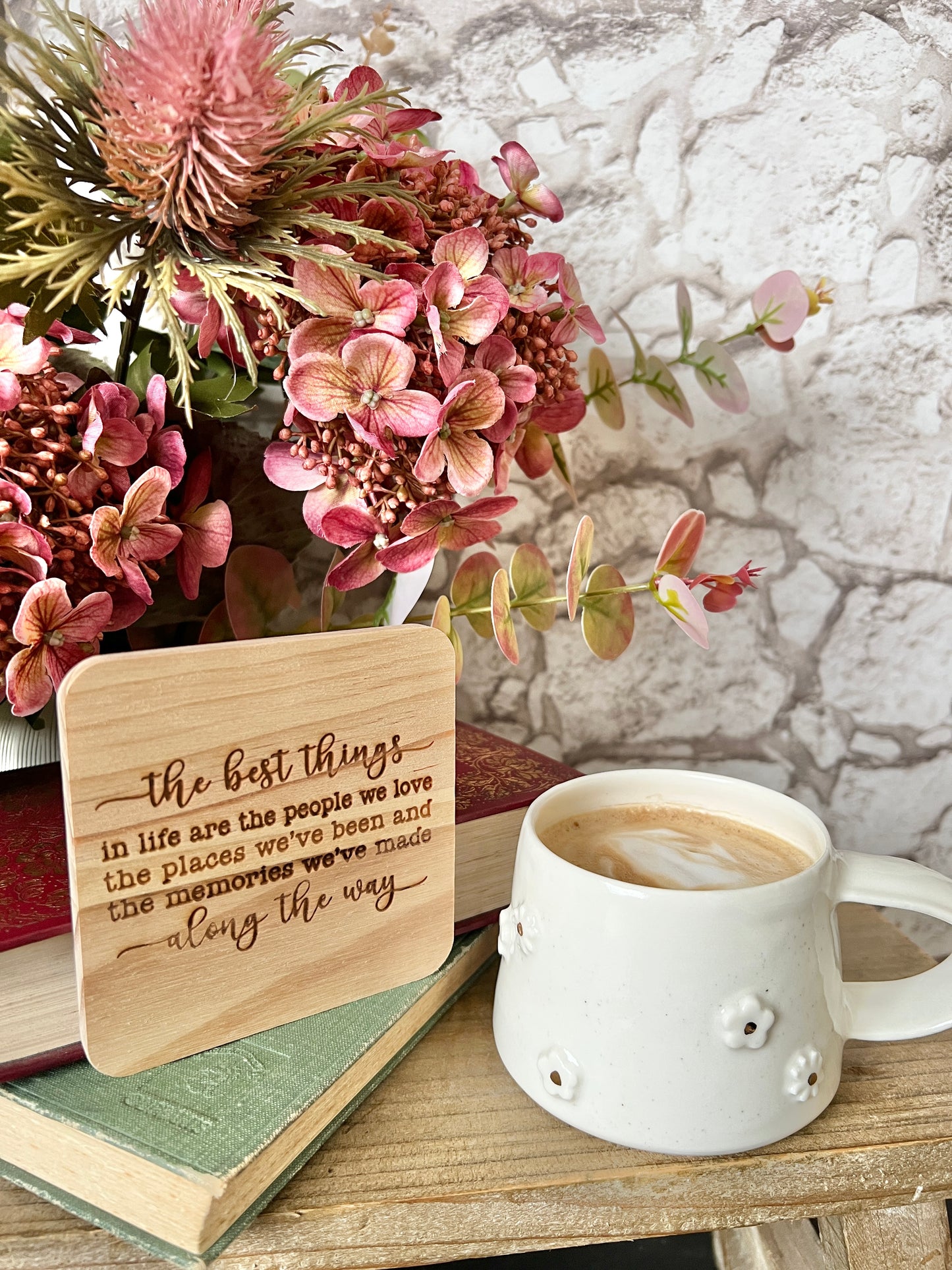 Best things in life engraved wooden coaster