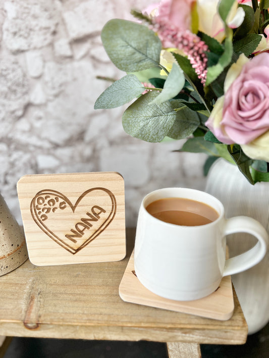 Nana heart engraved wooden coaster