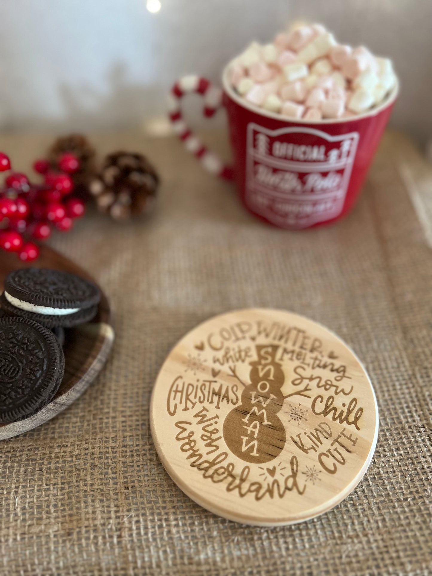 Christmas snowman words wooden engraved coaster
