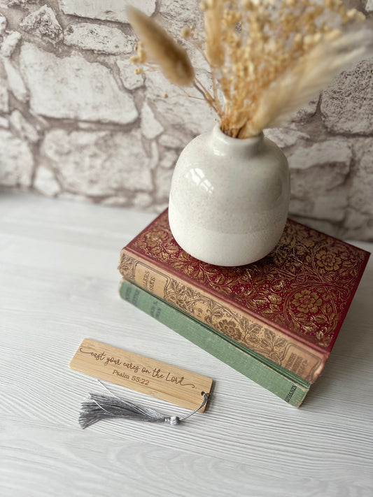 Cast all your cares on the Lord wooden engraved bookmark