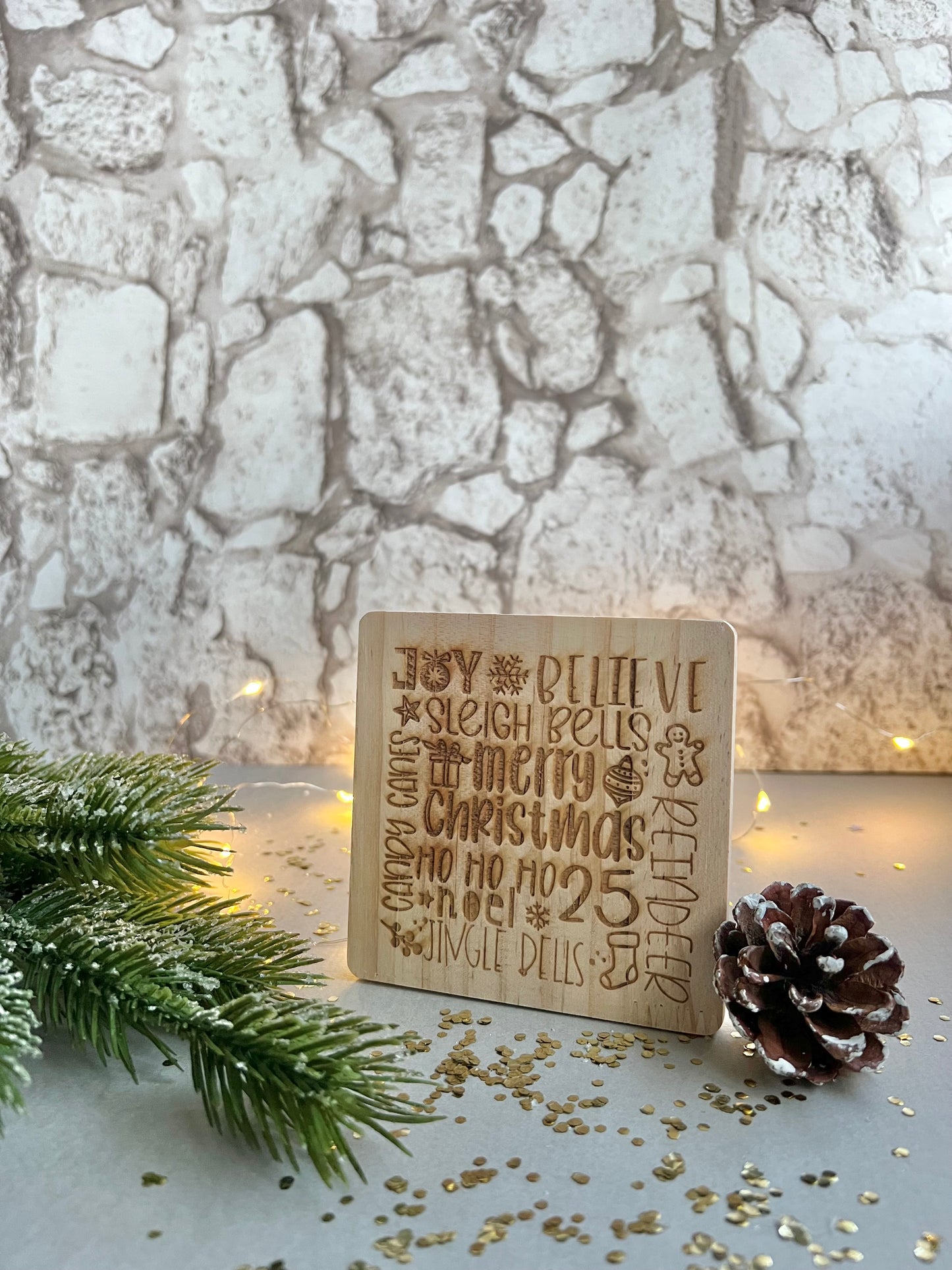 Christmas words wooden engraved coaster