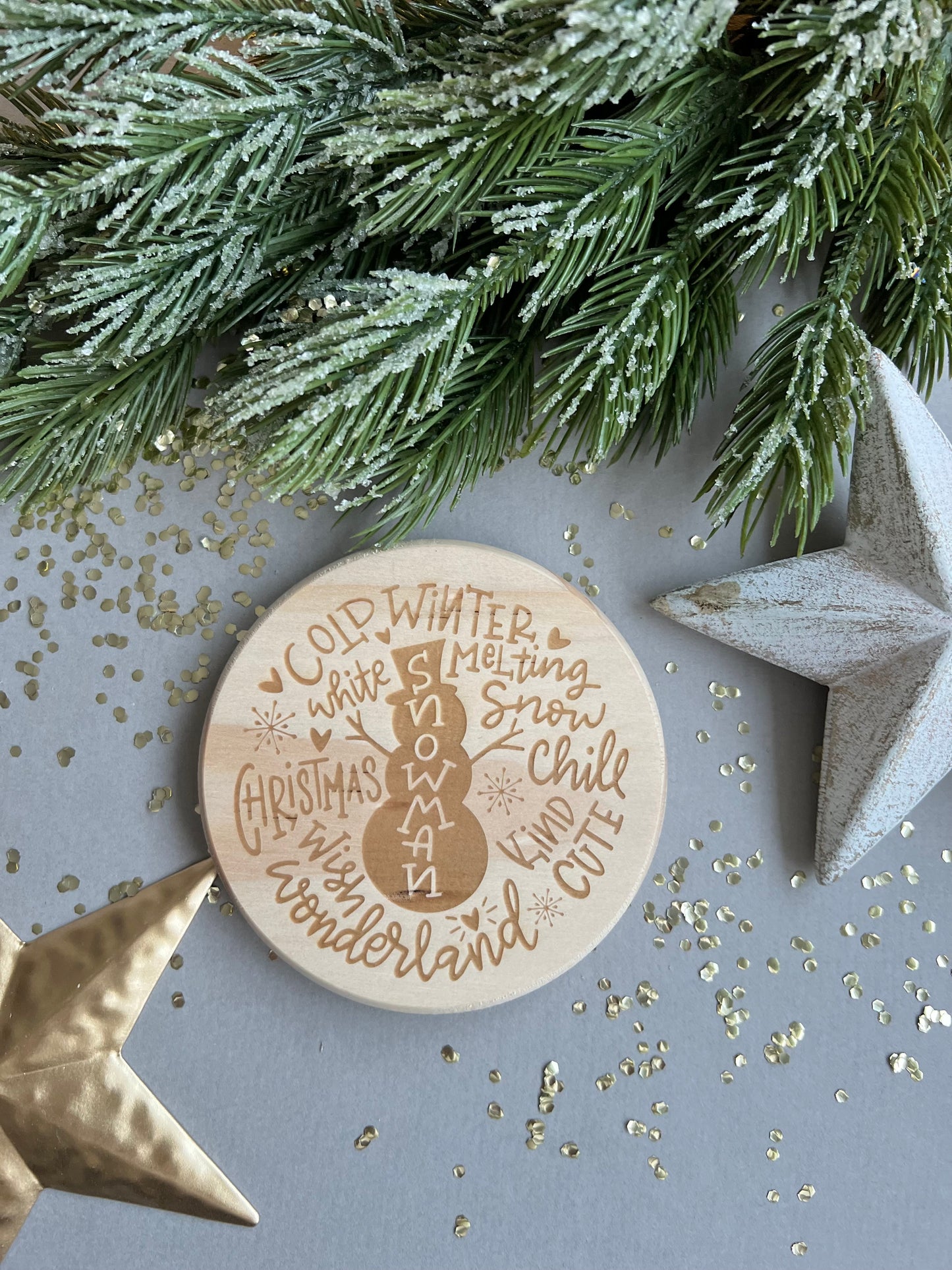 Christmas snowman words wooden engraved coaster