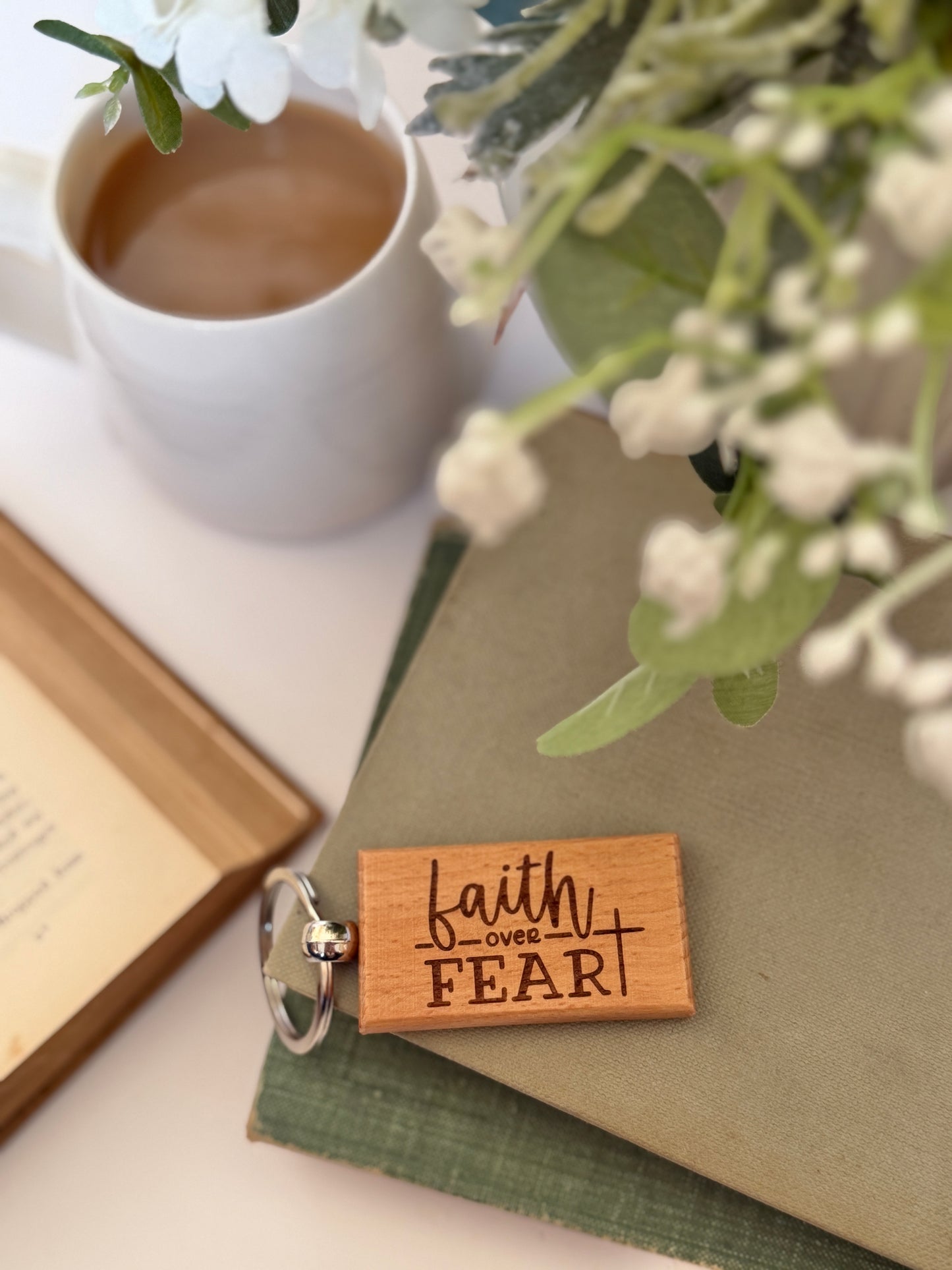 Faith over fear engraved keyring