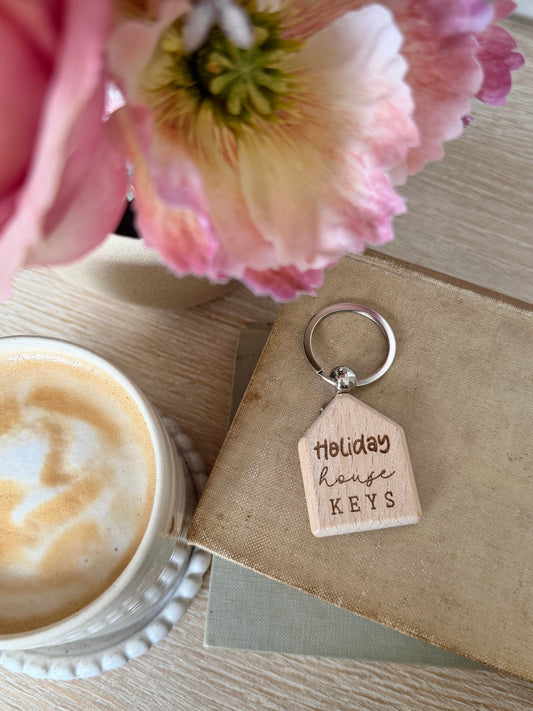 Holiday house keys engraved wooden keyring