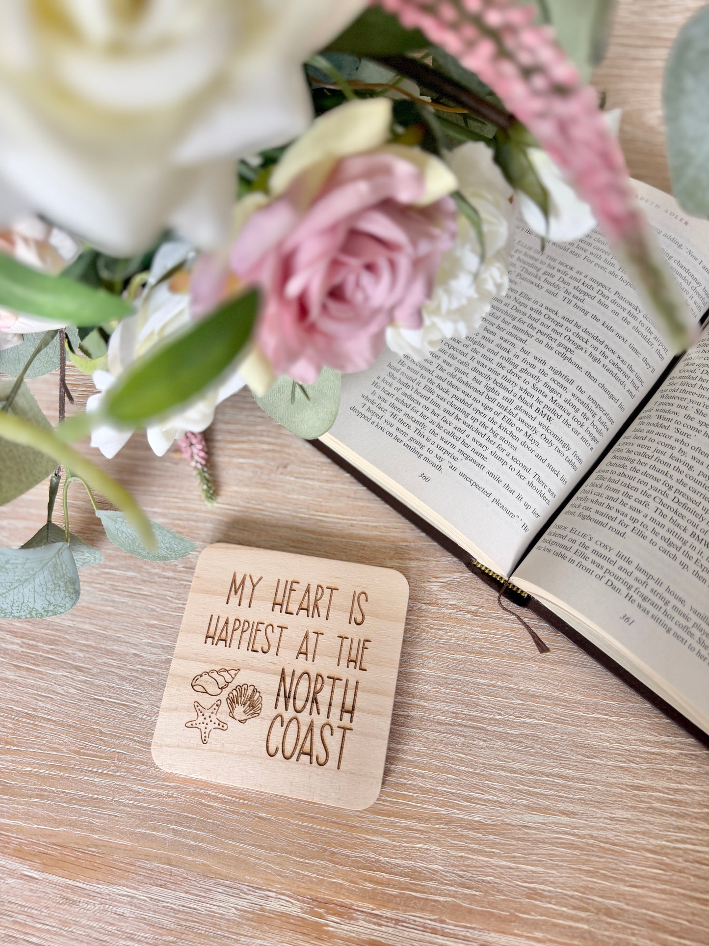 My heart is happiest at the North Coast engraved coaster