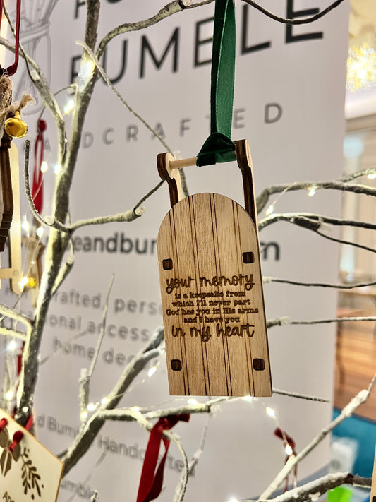 Memory keepsake engraved wooden sleigh tree decoration