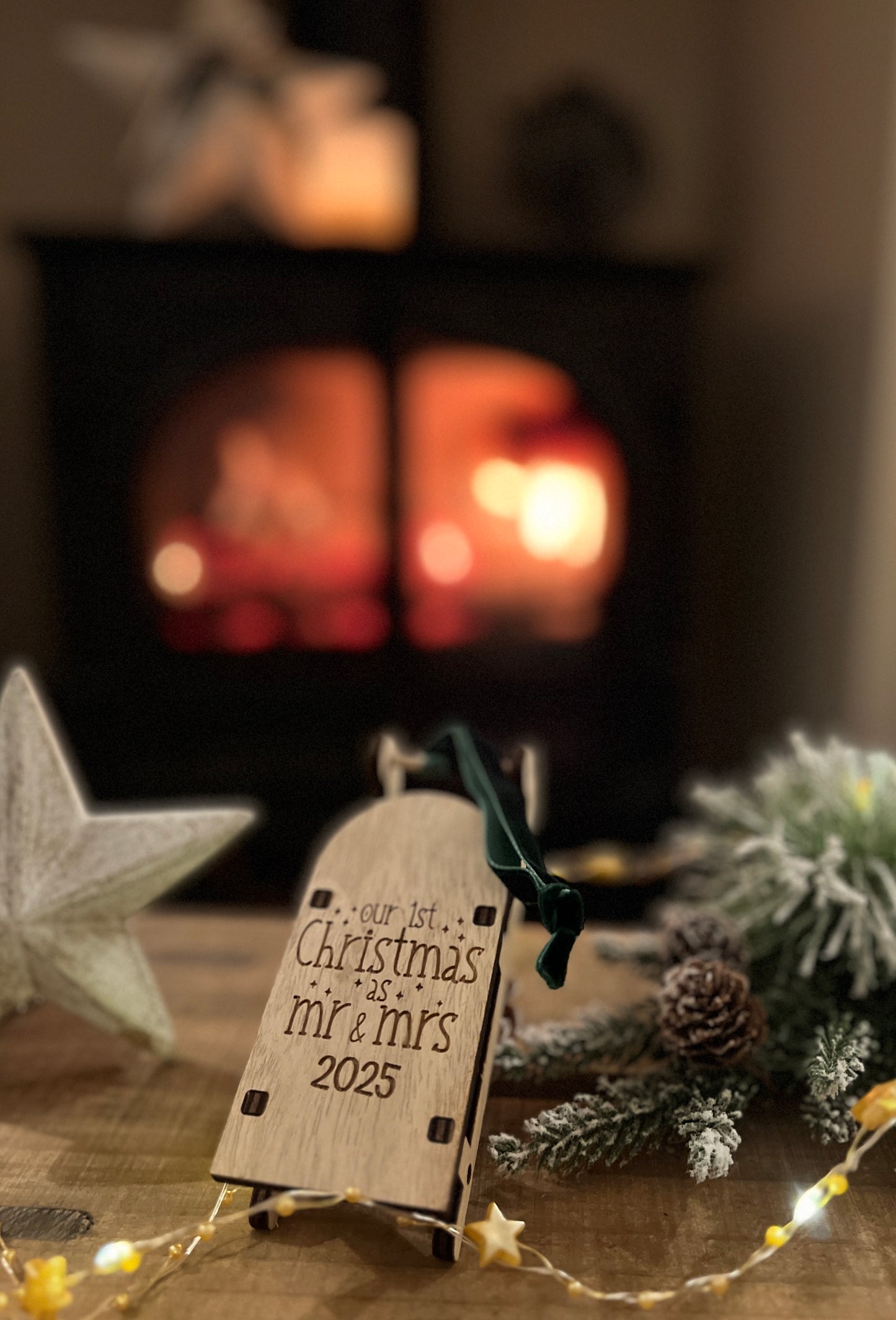 Mr & Mrs 2025 engraved wooden sleigh tree decoration