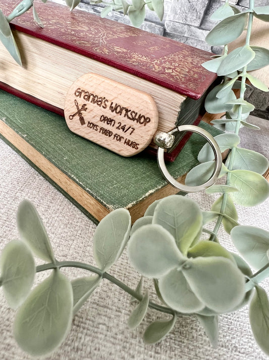 Granda's workshop engraved wooden keyring