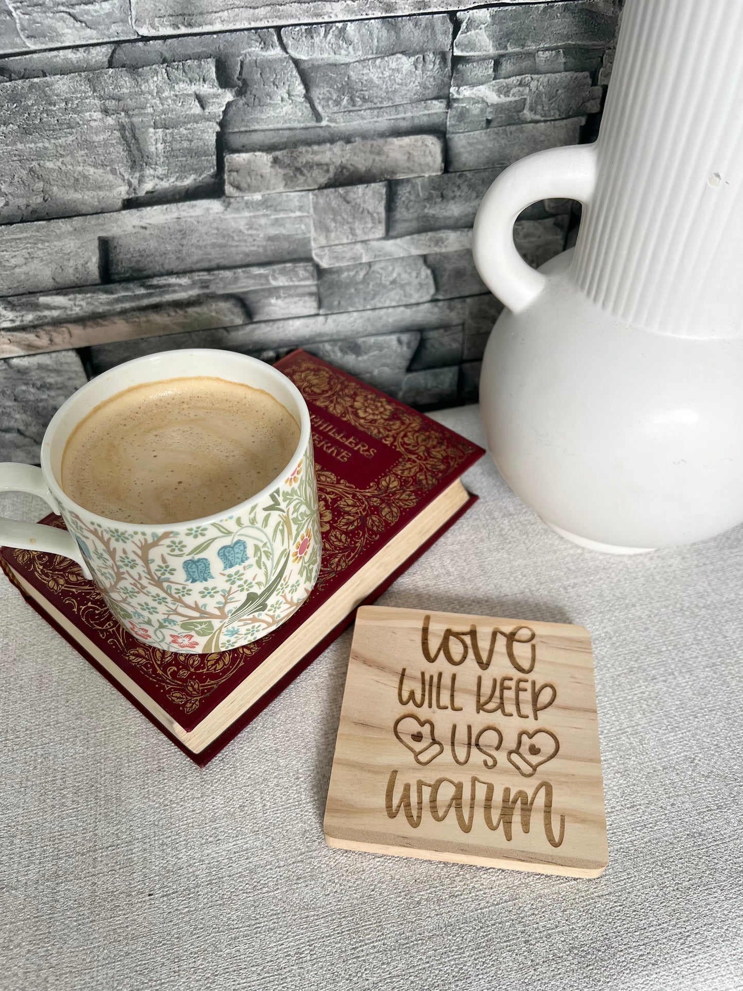 Love will keep us warm engraved wooden coaster